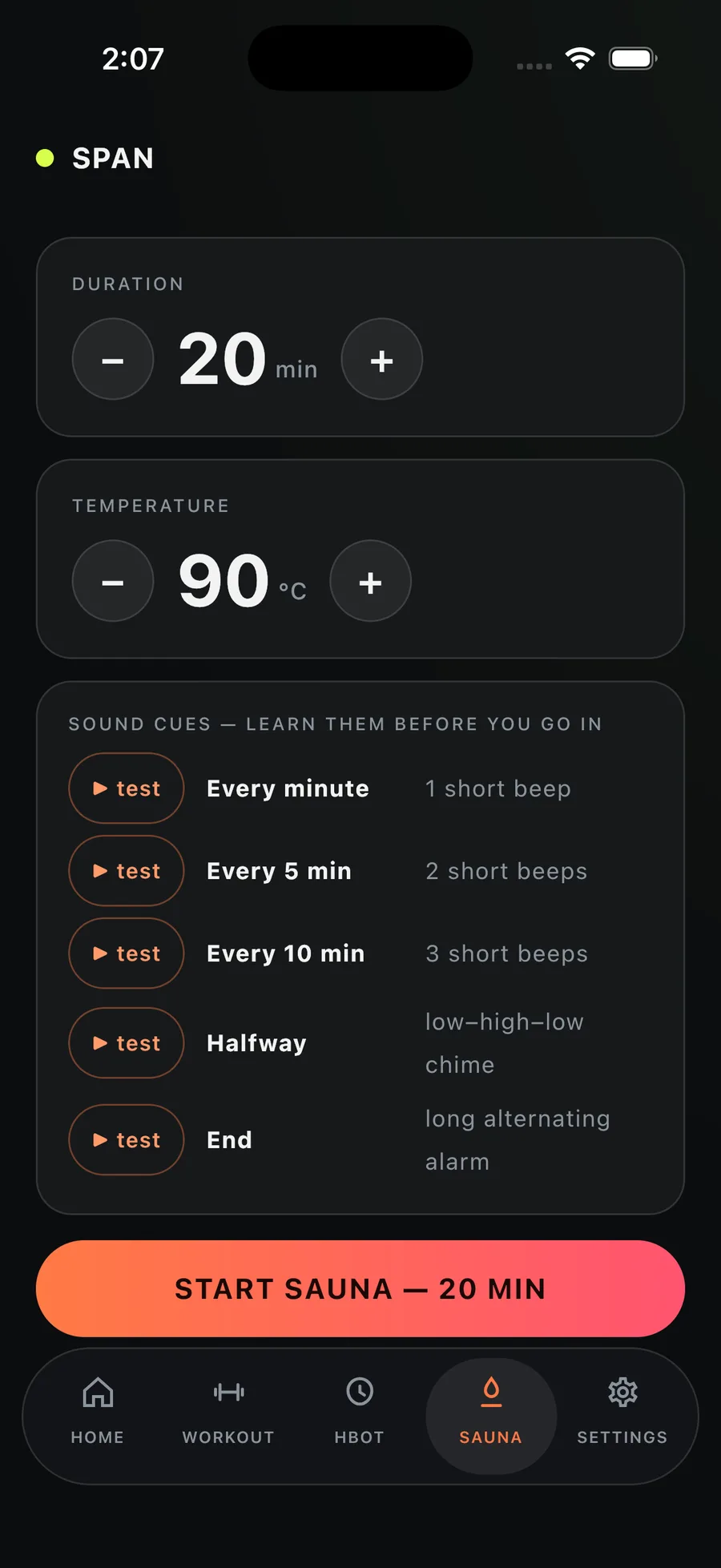 Span's sauna screen with duration and temperature controls and a list of audio cues for each minute, five minutes, ten minutes, halfway and the end of the session.